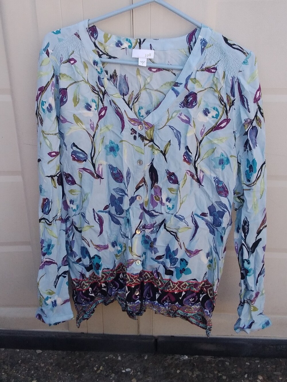 J. Jill Light Blue Floral V-Neck Button Blouse